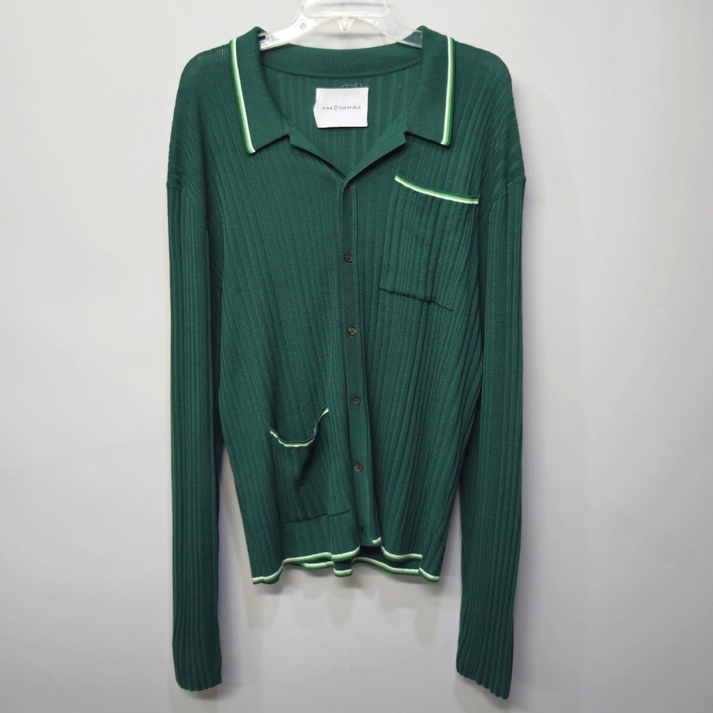 King & Tuckfield Ribbed Knit Shirt Men XL Green Irregular Academia Professor Ivy
